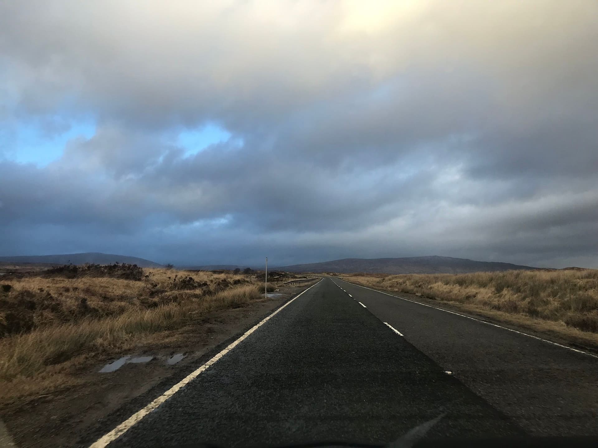 A view from inside a car, showcasing the road ahead with trees lining the sides under a clear blue sky.